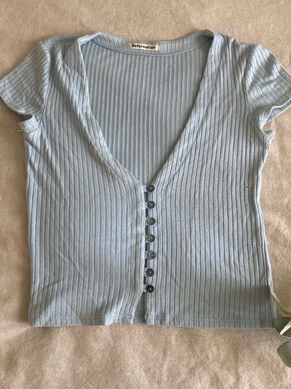 Reformation Pale Blue Ribbed Button-Front V-Neck Tee